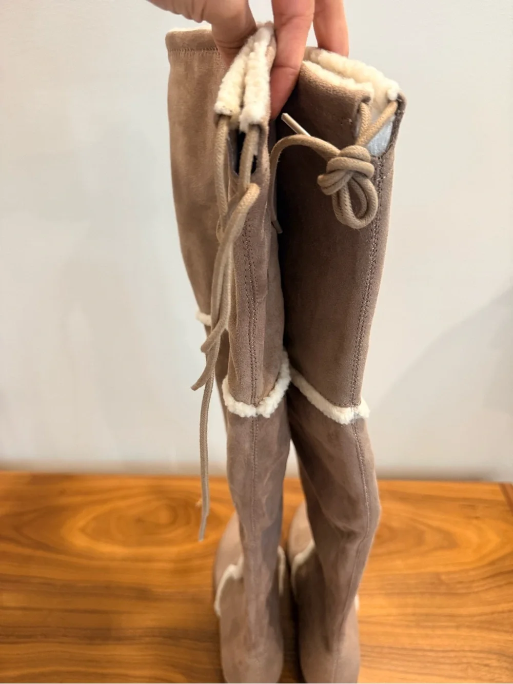 Charles David Taupe Over-the-Knee Faux-Suede Boots with Shearling Trim